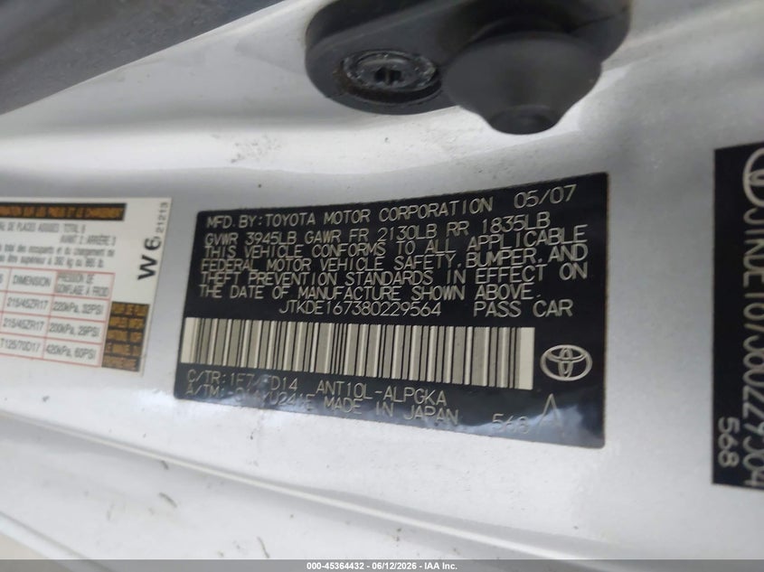 2008 Scion Tc VIN JTKDE167380229564 IAAI salvage auction — NORMAL WEAR, Clear (New York), sold $350 on 2026-07-08 (photo 9)