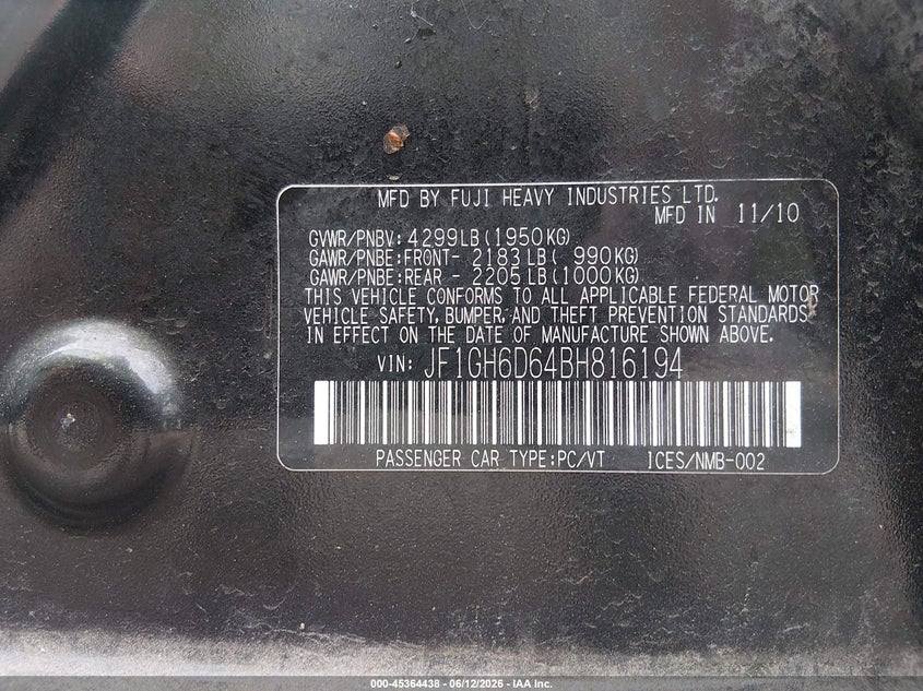 2011 Subaru Impreza VIN JF1GH6D64BH816194 IAAI salvage auction — FRONT END, Salvage (Massachusetts), sold $100 on 2026-08-01 (photo 9)