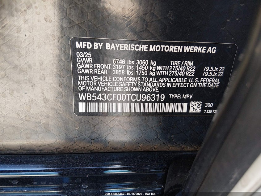 2026 BMW Ix VIN WB543CF00TCU96319 IAAI salvage auction — LEFT FRONT, Wait Title, sold $28,000 on 2026-09-02 (photo 9)