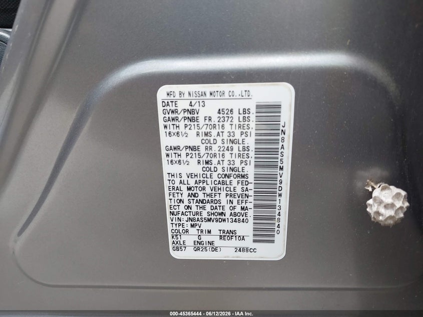 2013 Nissan Rogue VIN JN8AS5MV9DW134840 IAAI salvage auction — FRONT END, Salvage (Pennsylvania), sold $250 on 2026-07-22 (photo 9)
