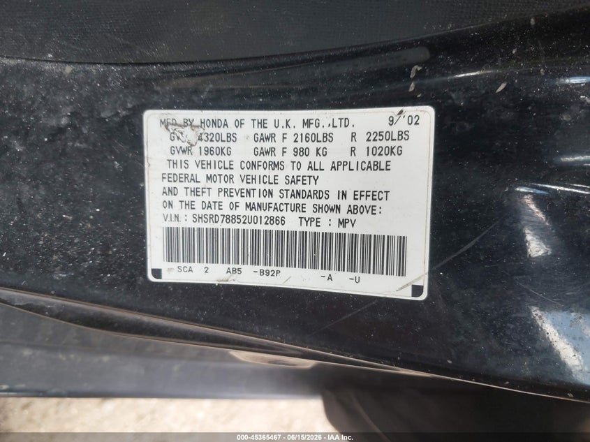 2002 Honda Cr-v VIN SHSRD78852U012866 IAAI salvage auction — FRONT END, Clear (Massachusetts), sold $425 on 2026-07-24 (photo 9)