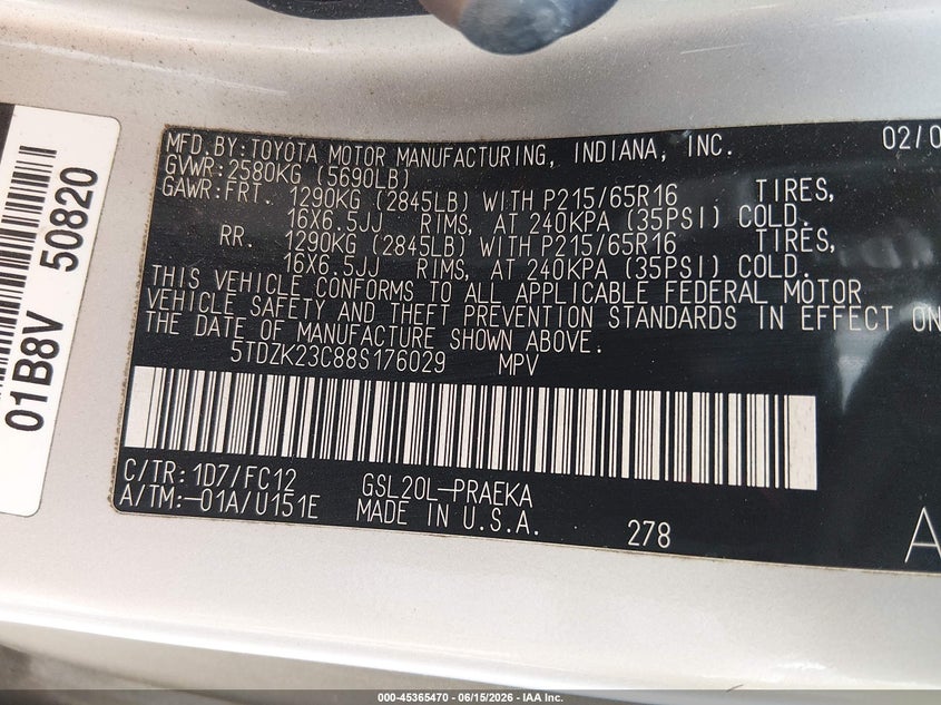 2008 Toyota Sienna VIN 5TDZK23C88S176029 IAAI salvage auction — FRONT END, Salvage (North Carolina), sold $25 on 2026-07-27 (photo 9)