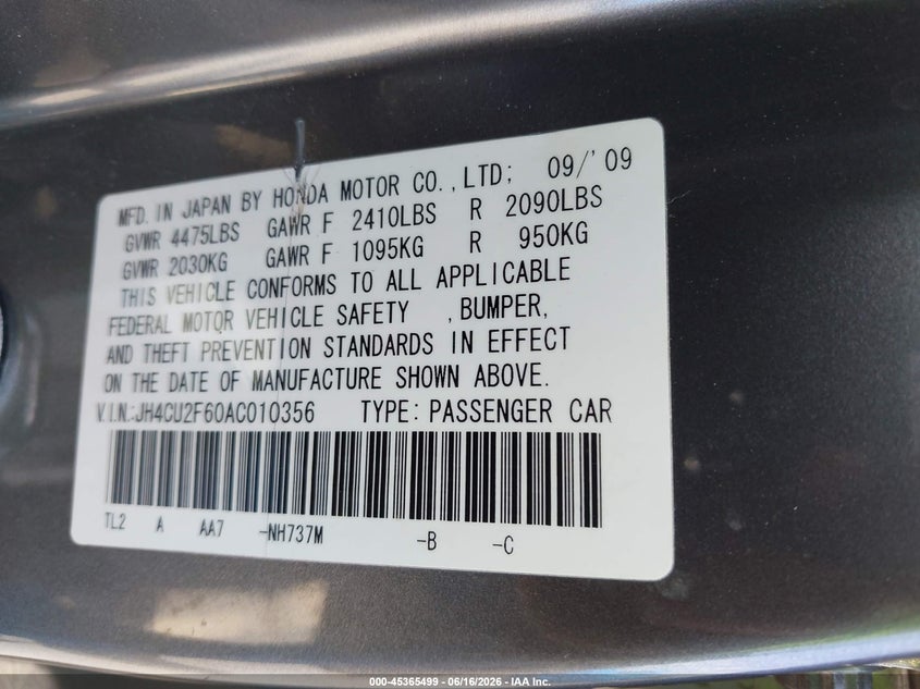 2010 Acura Tsx VIN JH4CU2F60AC010356 IAAI salvage auction — SIDE, Salvage (North Carolina), sold $525 on 2026-07-06 (photo 9)