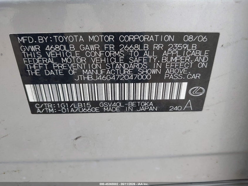 2007 Lexus Es 350 VIN JTHBJ46G472047000 IAAI salvage auction — REAR END, Clear (Indiana), sold $725 on 2026-07-21 (photo 9)