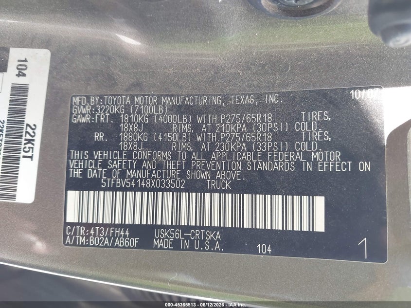 2008 Toyota Tundra VIN 5TFBV54148X033502 IAAI salvage auction — REAR END, Salvage (California), sold $3,800 on 2026-08-03 (photo 9)