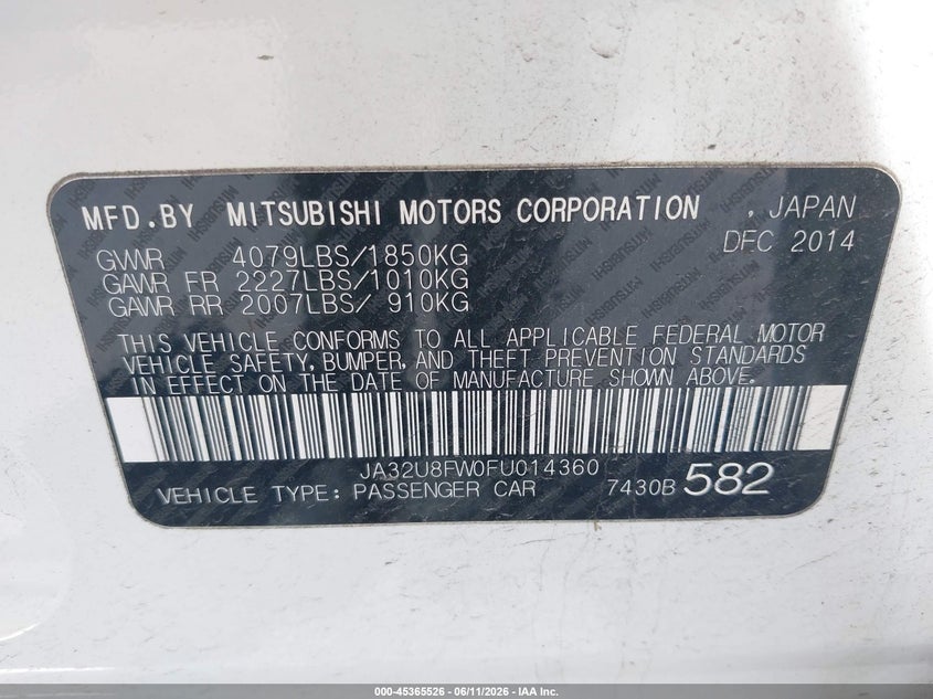 2015 Mitsubishi Lancer VIN JA32U8FW0FU014360 IAAI salvage auction — FRONT & REAR, Salvage (Texas), sold $1,050 on 2026-07-30 (photo 9)