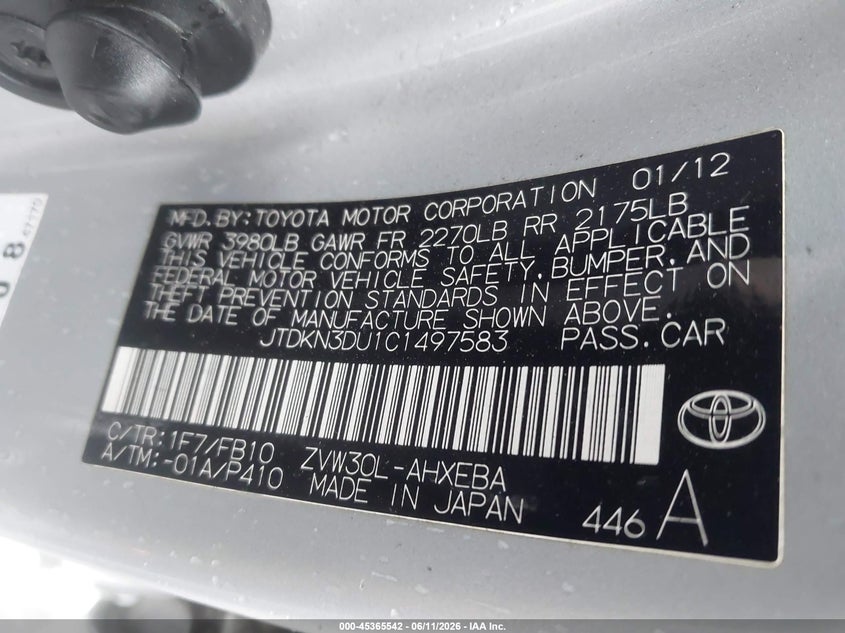 2012 Toyota Prius VIN JTDKN3DU1C1497583 IAAI salvage auction — FRONT & REAR, Salvage (California), sold $1,100 on 2026-08-02 (photo 9)