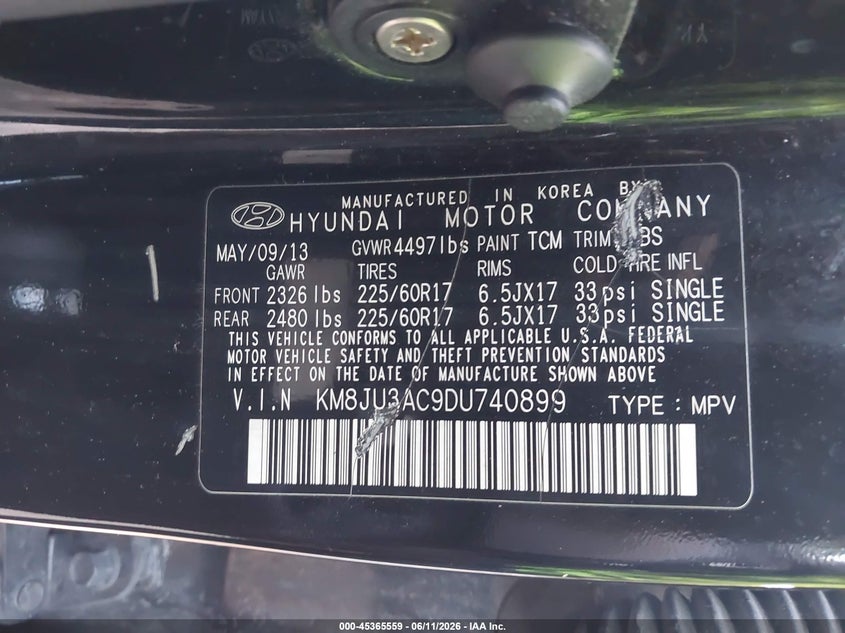 2013 Hyundai Tucson VIN KM8JU3AC9DU740899 IAAI salvage auction — FRONT END, Salvage (Virginia), sold $725 on 2026-08-01 (photo 9)