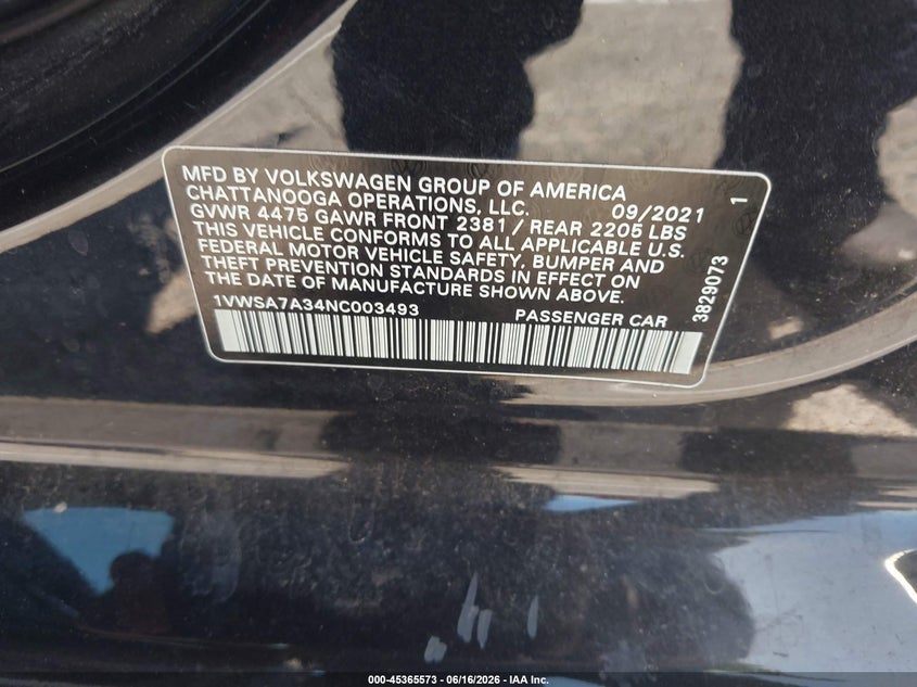 2022 Volkswagen Passat VIN 1VWSA7A34NC003493 IAAI salvage auction — RIGHT FRONT, Salvage (California), sold $3,850 on 2026-07-23 (photo 9)