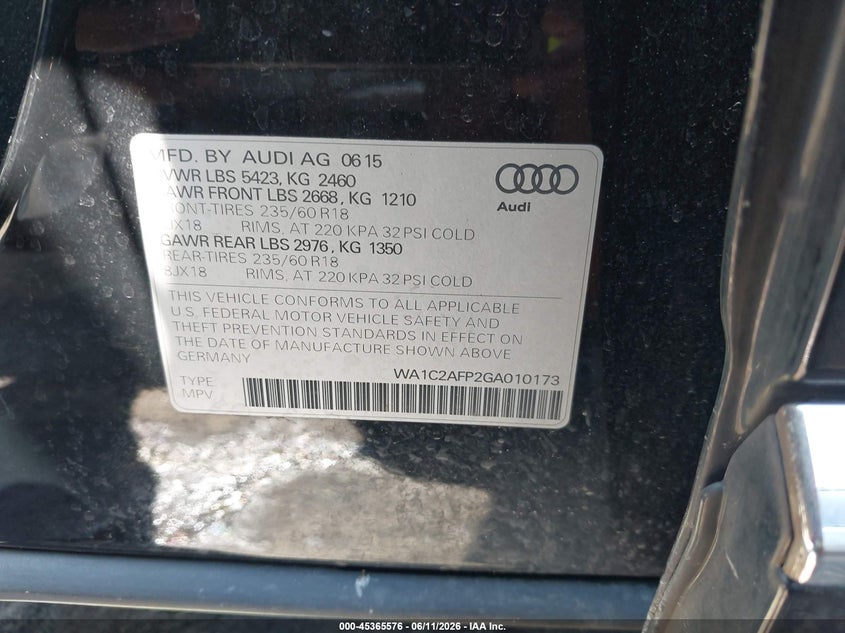 2016 Audi Q5 VIN WA1C2AFP2GA010173 IAAI salvage auction — FRONT END, Salvage (North Carolina), sold $1,300 on 2026-07-23 (photo 9)