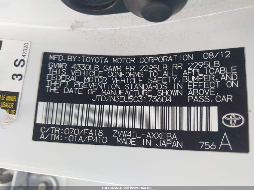 2012 Toyota VIN JTDZN3EU5C3173604 IAAI salvage auction — FRONT END, Salvage Title, sold $900 on 2026-07-28 (photo 9)