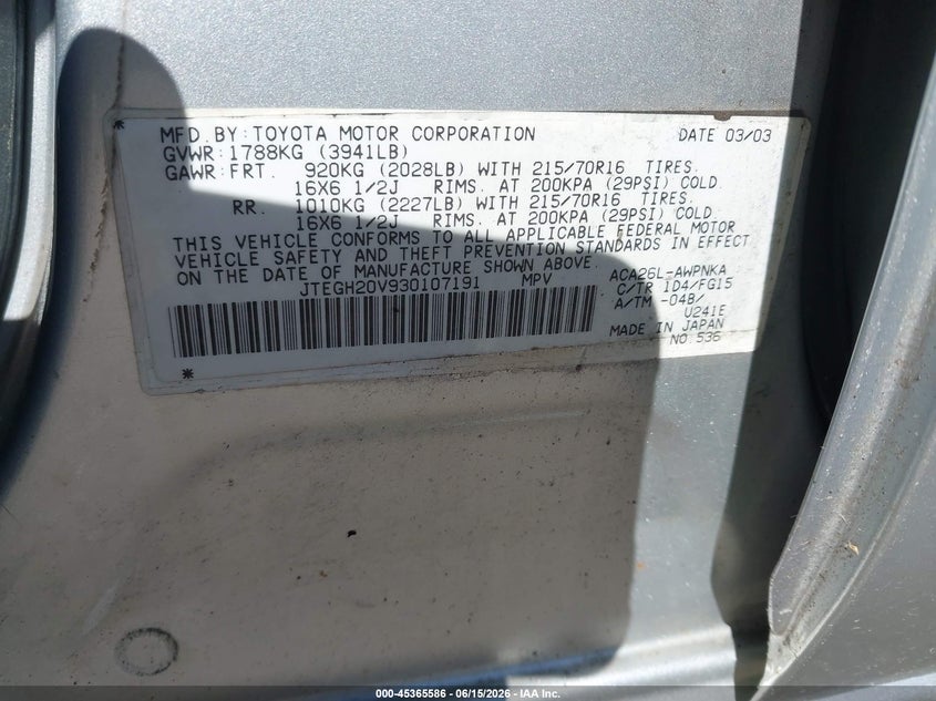 2003 Toyota Rav4 VIN JTEGH20V930107191 IAAI salvage auction — NORMAL WEAR, Clear (Massachusetts), sold $550 on 2026-07-17 (photo 9)