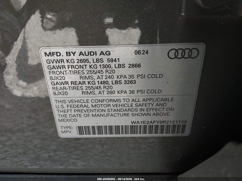 2024 Audi Q5 VIN WA1E2AFY0R2121125 IAAI salvage auction — REAR END, Salvage (Alabama), sold $12,500 on 2026-08-19 (photo 9)