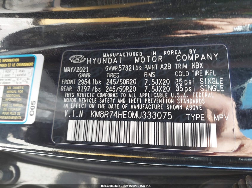 2021 Hyundai Palisade VIN KM8R74HE0MU333075 IAAI salvage auction — RIGHT FRONT, Salvage (California), sold $7,200 on 2026-07-18 (photo 9)