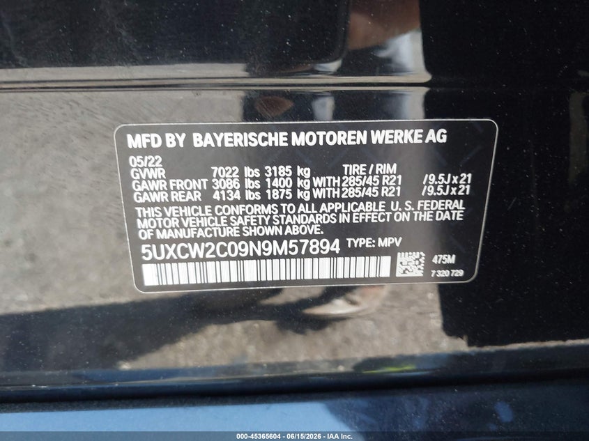 2022 BMW X7 VIN 5UXCW2C09N9M57894 IAAI salvage auction — FRONT END, Salvage Title, sold $19,800 on 2026-07-29 (photo 9)