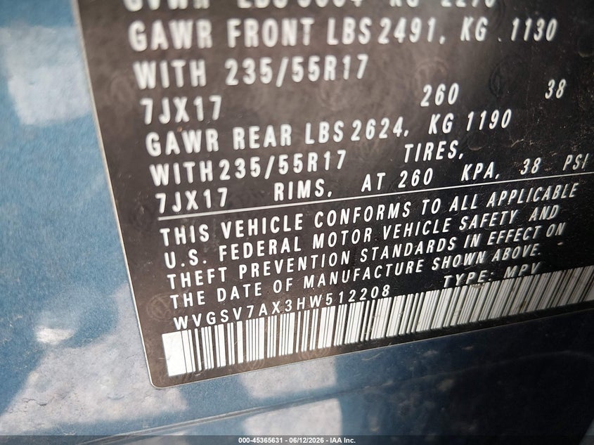 2017 Volkswagen Tiguan VIN WVGSV7AX3HW512208 IAAI salvage auction — HAIL, Junk Bill Of Sale Mv2459 (Wisconsin), sold $600 on 2026-07-15 (photo 9)