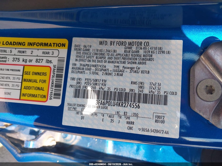 2019 Ford Fusion VIN 3FA6P0LU4KR274556 IAAI salvage auction — NORMAL WEAR, Sf97 (New Hampshire), sold $8,100 on 2026-07-23 (photo 9)