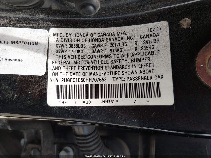 2017 Honda Civic VIN 2HGFC1E50HH707653 IAAI salvage auction — FRONT END, Salvage (Alabama), sold $2,750 on 2026-07-10 (photo 9)