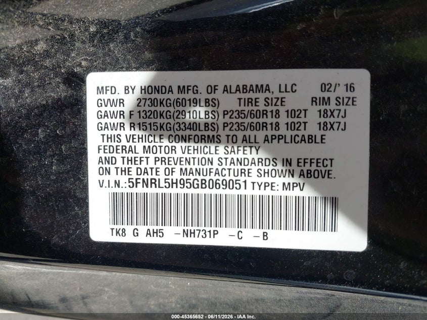 2016 Honda Odyssey VIN 5FNRL5H95GB069051 IAAI salvage auction — FRONT END, Clear (Tennessee), sold $2,250 on 2026-07-05 (photo 9)