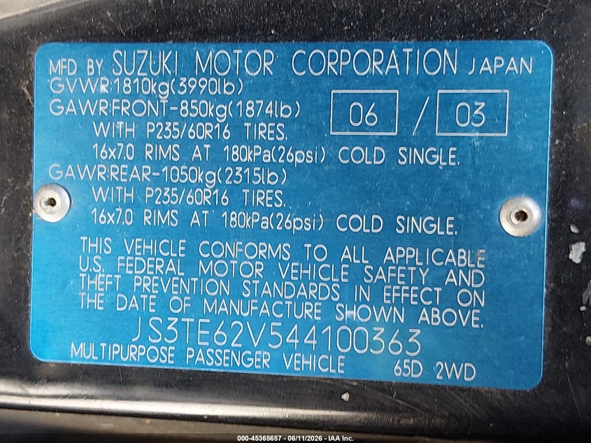 2004 Suzuki Grand vitara VIN JS3TE62V544100363 IAAI salvage auction — NORMAL WEAR, Clear (Washington), sold $325 on 2026-07-08 (photo 9)