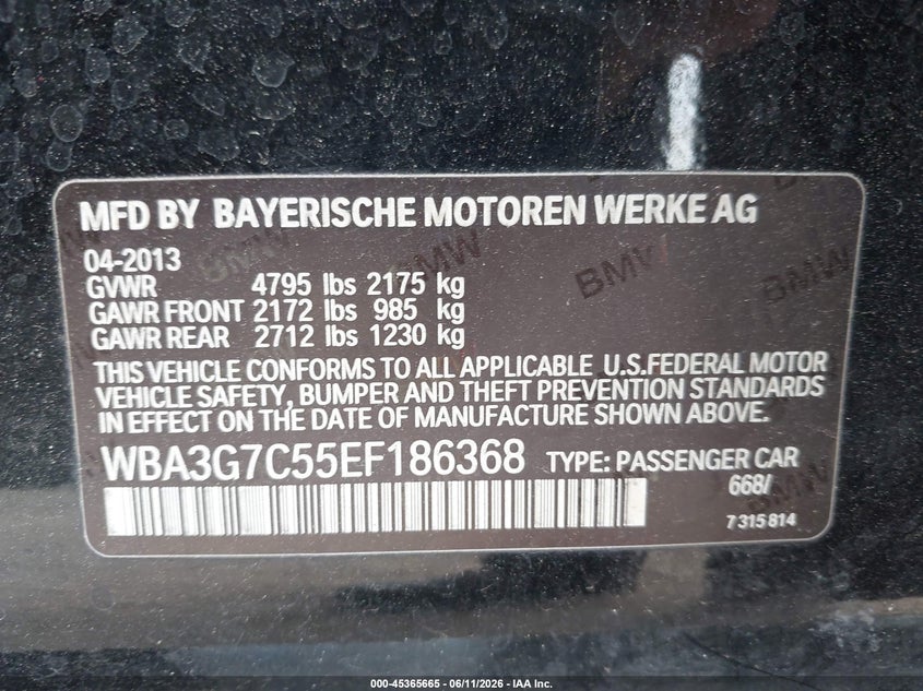 2014 BMW VIN WBA3G7C55EF186368 IAAI salvage auction — FRONT END, Salvage (Georgia), sold $2,225 on 2026-07-09 (photo 9)