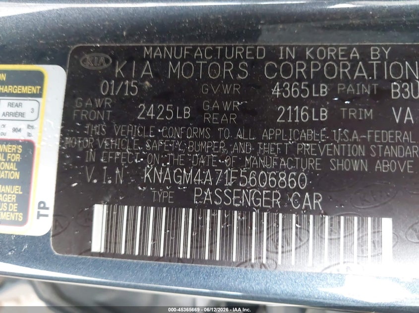 2015 Kia Optima VIN KNAGM4A71F5606860 IAAI salvage auction — FRONT END, Salvage (Alabama), sold $875 on 2026-07-20 (photo 9)