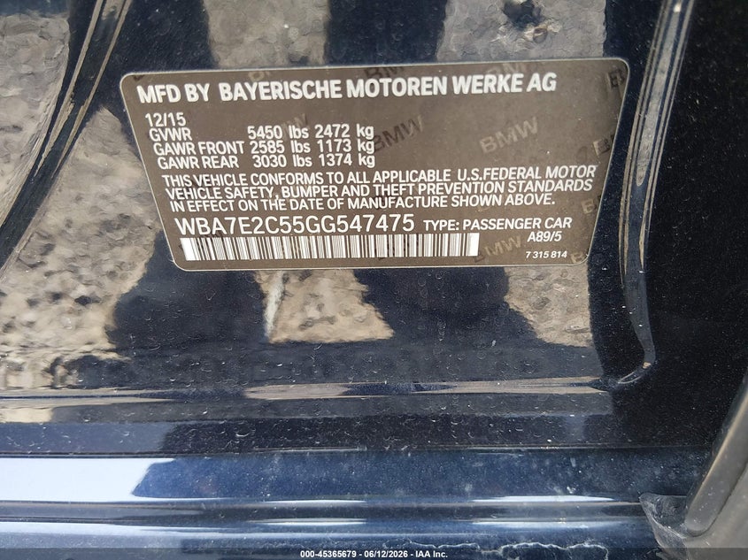 2016 BMW 7er VIN WBA7E2C55GG547475 IAAI salvage auction — LEFT SIDE, Clear (South Carolina), sold $8,500 on 2026-07-07 (photo 9)