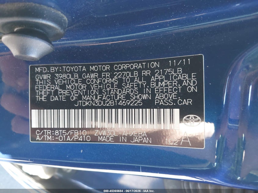 2011 Toyota Prius VIN JTDKN3DU2B1469225 IAAI salvage auction — FRONT END, Salvage Certificate (California), sold $600 on 2026-07-10 (photo 9)