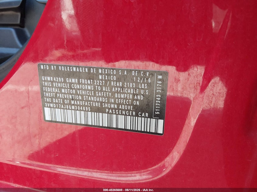 2016 Volkswagen Jetta VIN 3VWD17AJ8GM304695 IAAI salvage auction — FRONT END, Salvage (Texas), sold $550 on 2026-07-09 (photo 9)