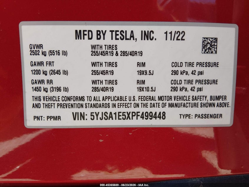 2023 Tesla Model s VIN 5YJSA1E5XPF499448 IAAI salvage auction — RIGHT FRONT, Salvage (Idaho), sold $4,650 on 2026-07-23 (photo 9)