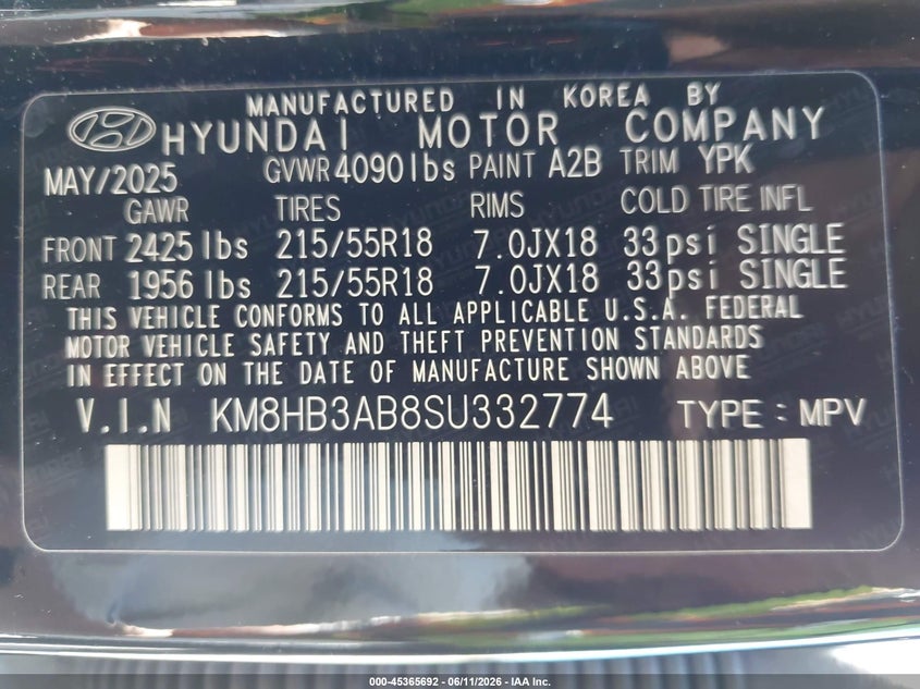 2025 Hyundai Kona VIN KM8HB3AB8SU332774 IAAI salvage auction — RIGHT SIDE, Salvage (California), sold $9,000 on 2026-07-08 (photo 9)
