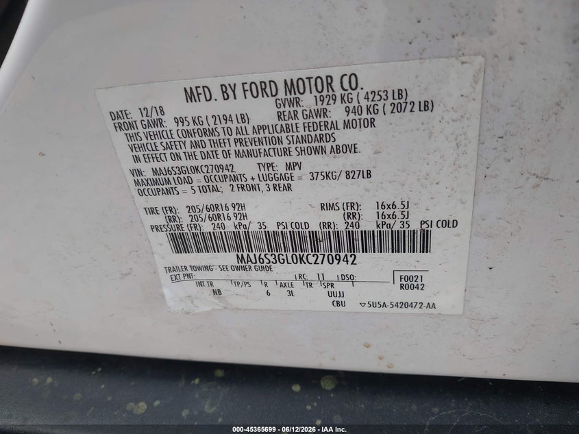 2019 Ford Ecosport VIN MAJ6S3GL0KC270942 IAAI salvage auction — FRONT END, Salvage (Massachusetts), sold $2,250 on 2026-07-14 (photo 9)