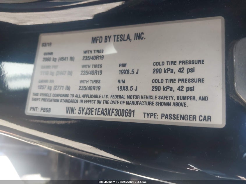 2019 Tesla Model 3 VIN 5YJ3E1EA3KF300691 IAAI salvage auction — FRONT END, Mv-907A (New York), sold $4,350 on 2026-07-23 (photo 9)