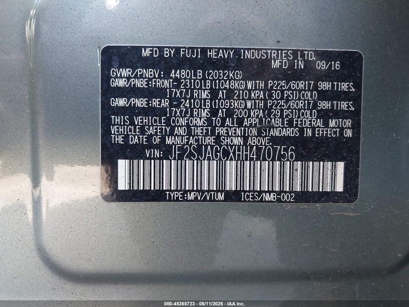 2017 Subaru Forester VIN JF2SJAGCXHH470756 IAAI salvage auction — FRONT END, Salvage (Arizona), sold $25 on 2026-07-28 (photo 9)