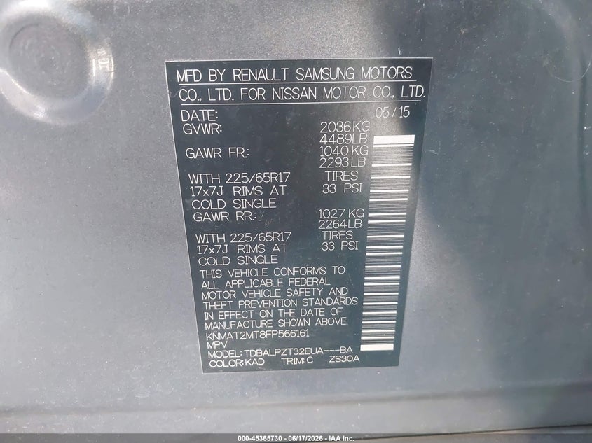 2015 Nissan Rogue VIN KNMAT2MT8FP566161 IAAI salvage auction — FRONT END, Salvage Title, sold $100 on 2026-07-08 (photo 9)