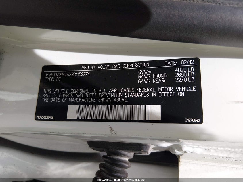 2012 Volvo S80 VIN YV1952AS3C1159771 IAAI salvage auction — SIDE, Salvage (Louisiana), sold $175 on 2026-07-21 (photo 9)
