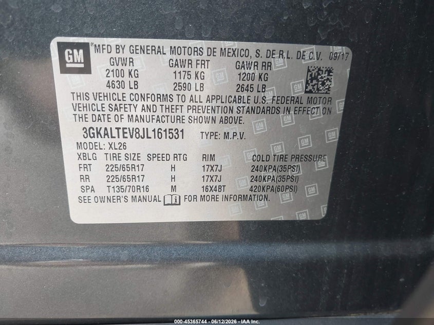 2018 Gmc Terrain VIN 3GKALTEV8JL161531 IAAI salvage auction — FRONT END, Salvage - Greater Than 75% (Maryland), sold $1,800 on 2026-07-18 (photo 9)