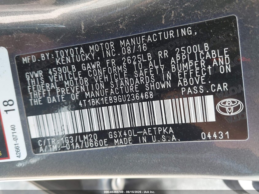 2016 Toyota Avalon VIN 4T1BK1EB9GU236468 IAAI salvage auction — FRONT END, Clear (Wisconsin), sold $3,850 on 2026-07-09 (photo 9)