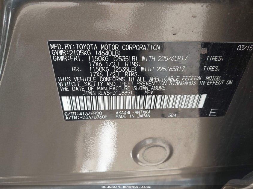 2015 Toyota Rav 4 VIN JTMBFREV5FD128851 IAAI salvage auction — FRONT END, Salvage Title, sold $1,400 on 2026-07-21 (photo 9)