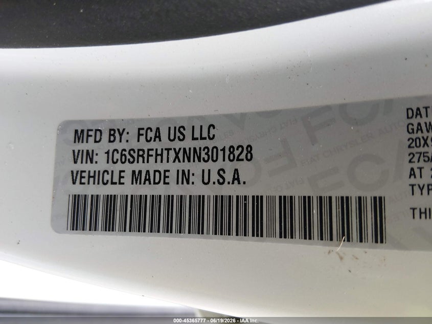 2022 Ram 1500 VIN 1C6SRFHTXNN301828 IAAI salvage auction — FRONT END, Salvage (North Carolina), sold $13,500 on 2026-07-19 (photo 9)