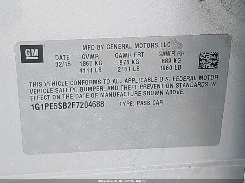 2015 Chevrolet Cruze VIN 1G1PE5SB2F7204688 IAAI salvage auction — SIDE, Salvage Title, sold $1,950 on 2026-07-11 (photo 9)