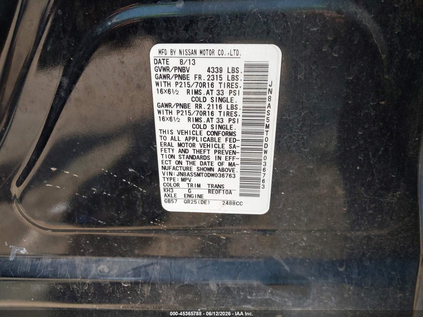 2013 Nissan Rogue VIN JN8AS5MT0DW036763 IAAI salvage auction — ALL OVER, Original (Texas), sold $175 on 2026-07-29 (photo 9)
