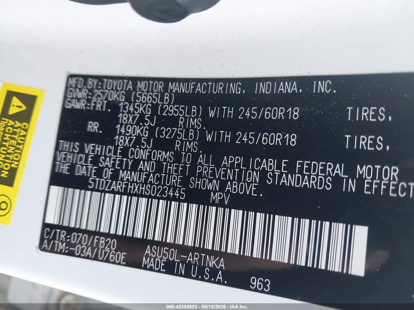 2017 Toyota Highlander VIN 5TDZARFHXHS023445 IAAI salvage auction — HAIL, Original (Texas), sold $11,150 on 2026-08-27 (photo 9)