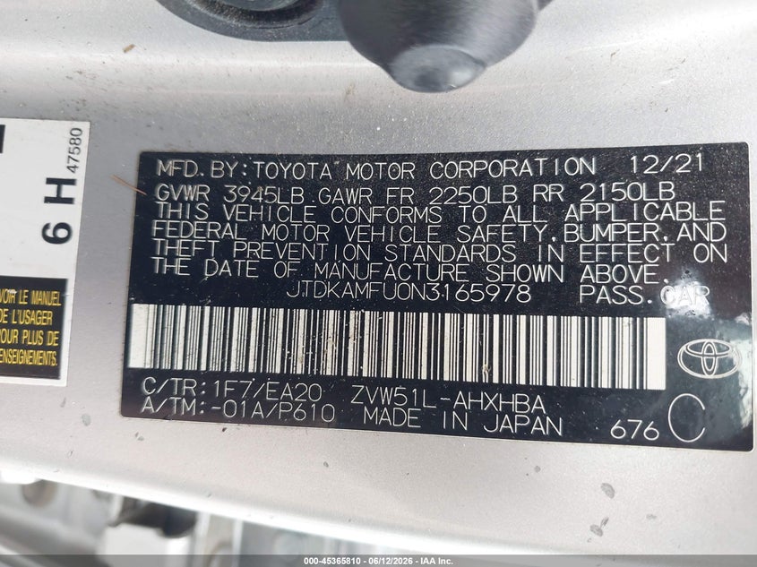 2022 Toyota Prius VIN JTDKAMFU0N3165978 IAAI salvage auction — LEFT FRONT, Salvage (Indiana), sold $3,450 on 2026-07-23 (photo 9)