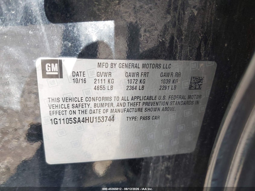 2017 Chevrolet Impala VIN 1G1105SA4HU153744 IAAI salvage auction — FRONT END, Salvage (Illinois), sold $1,100 on 2026-07-18 (photo 9)