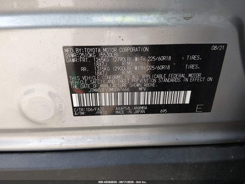 2021 Toyota VIN JTMAB3FV3MD061666 IAAI salvage auction — REAR END, Salvage (Virginia), sold $9,400 on 2026-07-10 (photo 9)