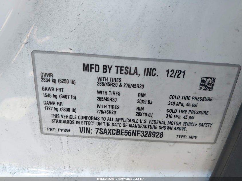 2022 Tesla Model x VIN 7SAXCBE56NF328928 IAAI salvage auction — SIDE, Salvage (California), sold $16,700 on 2026-07-29 (photo 9)
