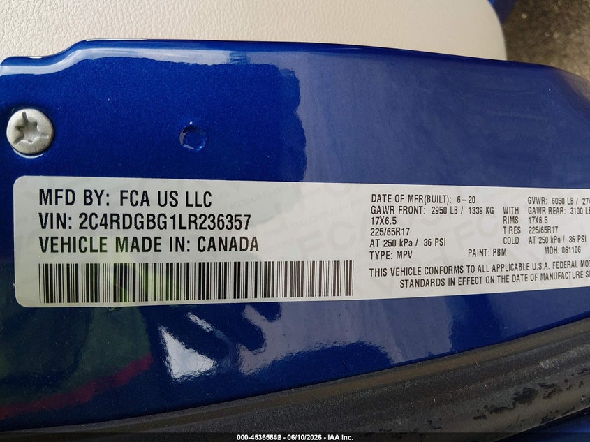 2020 Dodge Grand caravan VIN 2C4RDGBG1LR236357 IAAI salvage auction — NORMAL WEAR, Sf97 (Illinois), sold $7,275 on 2026-08-11 (photo 9)