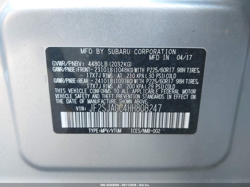2017 Subaru Forester VIN JF2SJAGC4HH808247 IAAI salvage auction — REAR END, Salvage (Arizona), sold $925 on 2026-07-28 (photo 9)