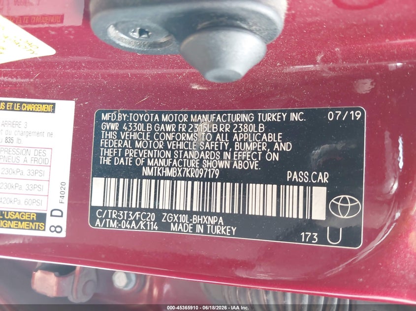 2019 Toyota C-hr VIN NMTKHMBX7KR097179 IAAI salvage auction — LEFT & RIGHT, Original (Texas), sold $4,275 on 2026-07-27 (photo 9)